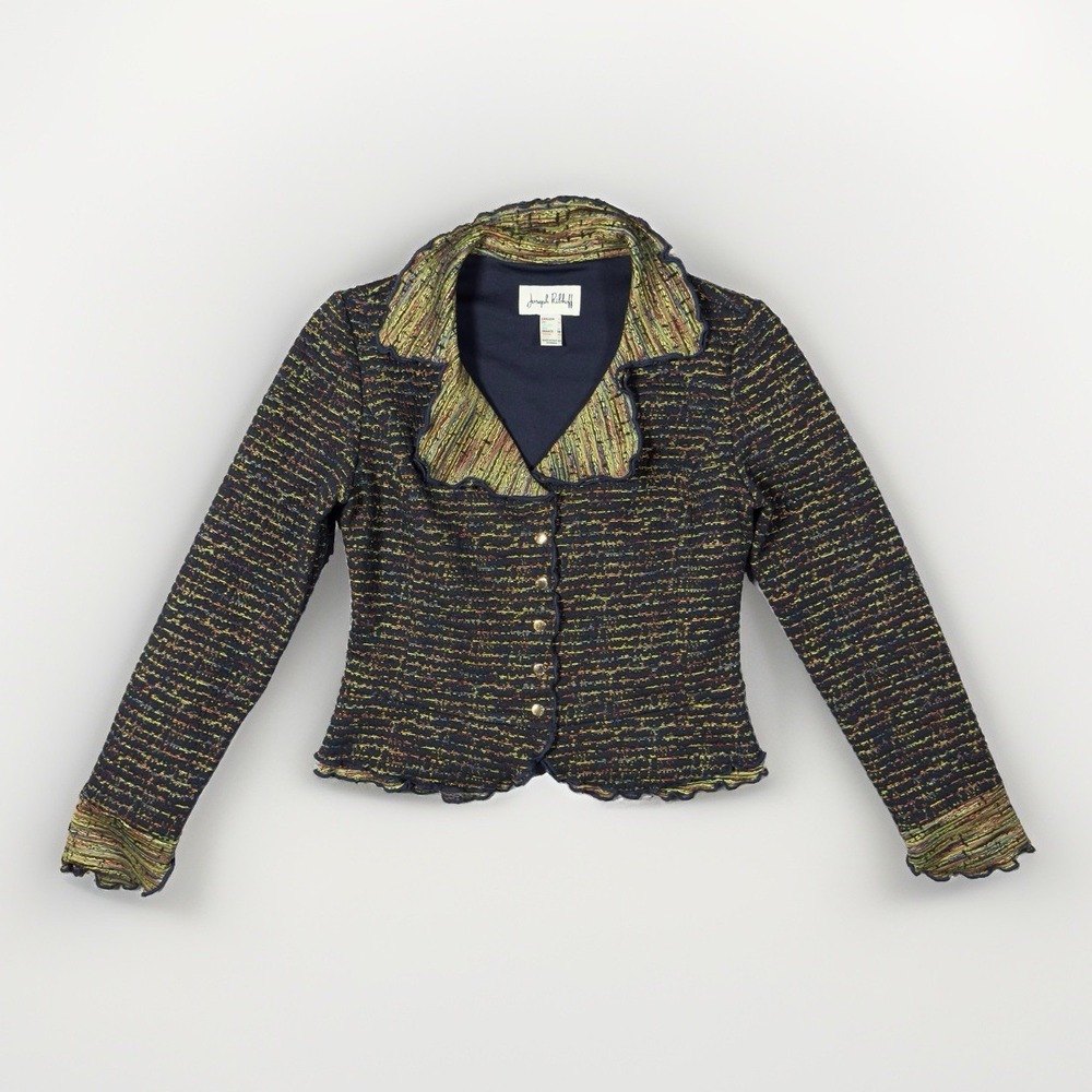 Joseph Ribkoff Textured Knit Jacket Womens 6 Navy Ruffle Snap Front Blazer